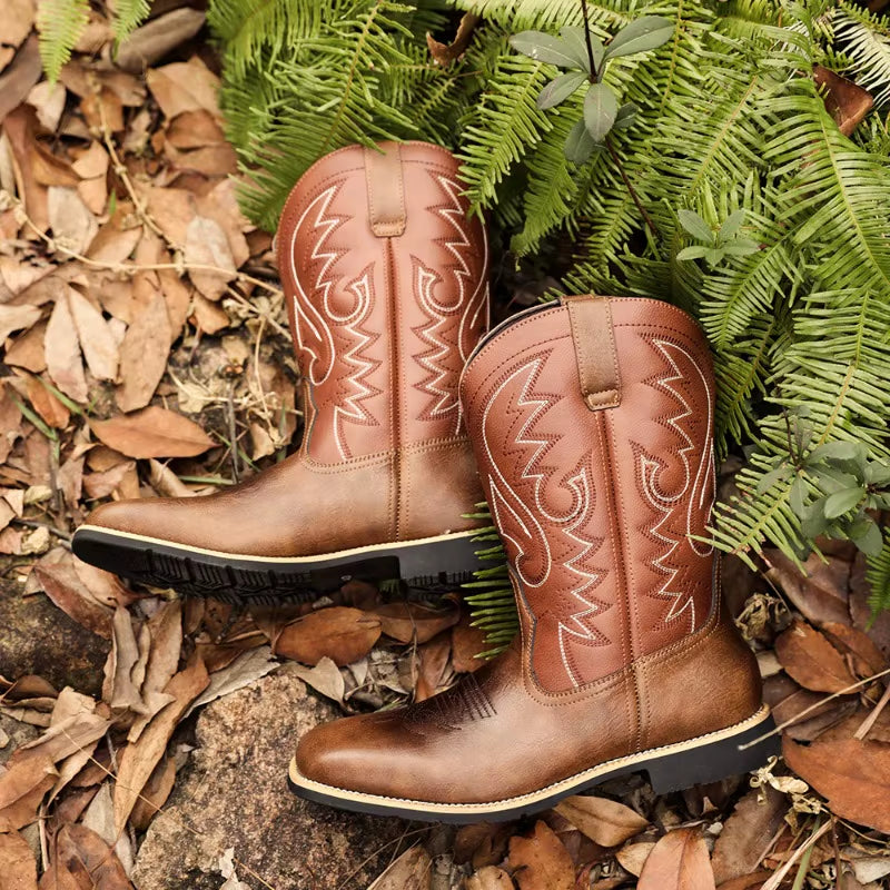 Cowboy Boots Brown Faux Leather Shoes Retro Men Boots Embroidered Western Big Size 46 47 48 Ethnic Boots Motorcycle Boots