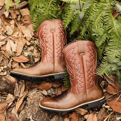 Cowboy Boots Brown Faux Leather Shoes Retro Men Boots Embroidered Western Big Size 46 47 48 Ethnic Boots Motorcycle Boots