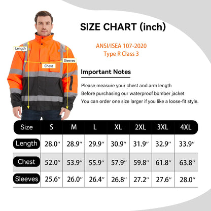 High Visibility Safety Waterproof Bomber Jacket for Women Men, Hi Vis Reflective Winter Construction Jacket, Class 3, Orange, 2X-Large