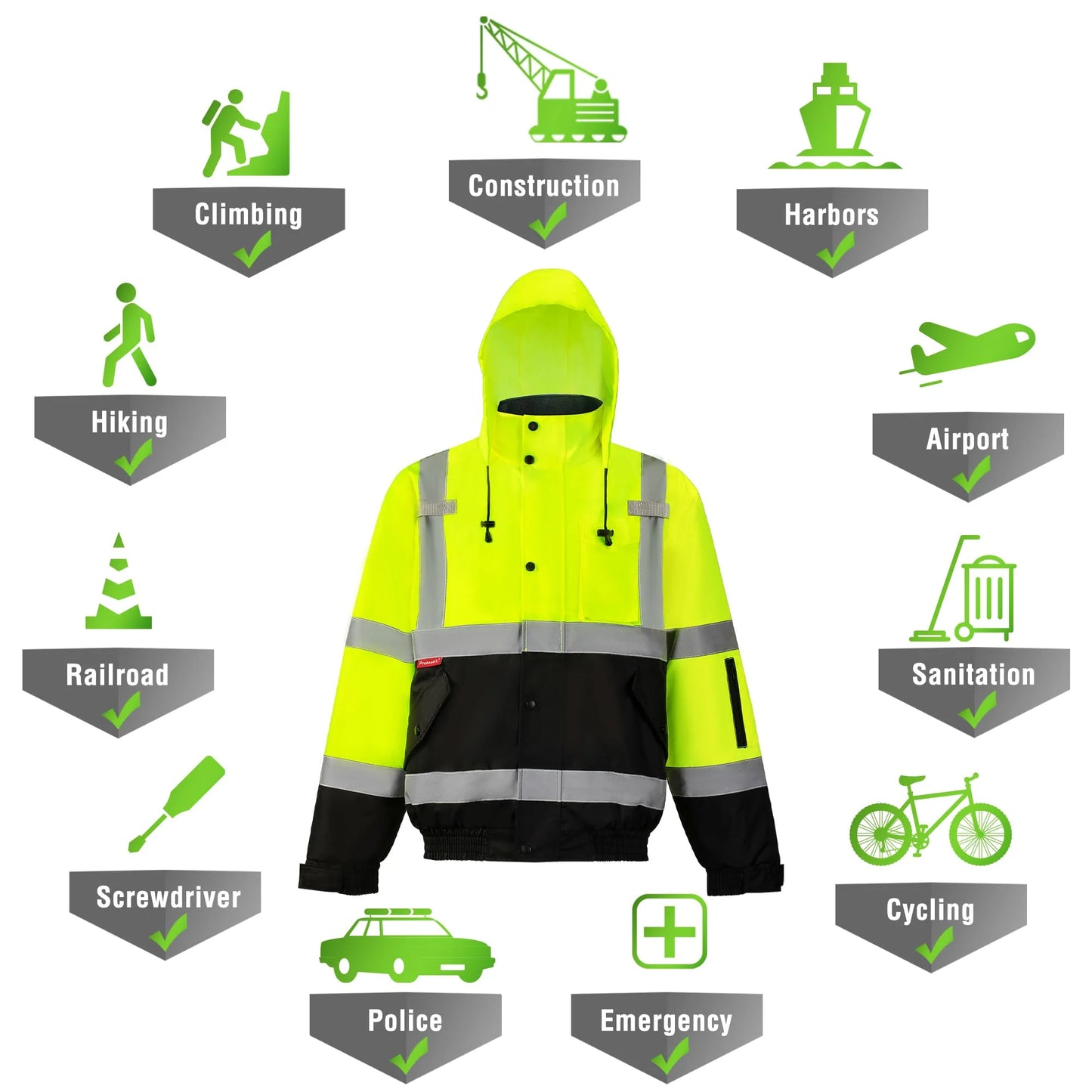 High Visibility Safety Waterproof Bomber Jacket for Women Men, Hi Vis Reflective Winter Construction Jacket, Class 3, Green, X-Large