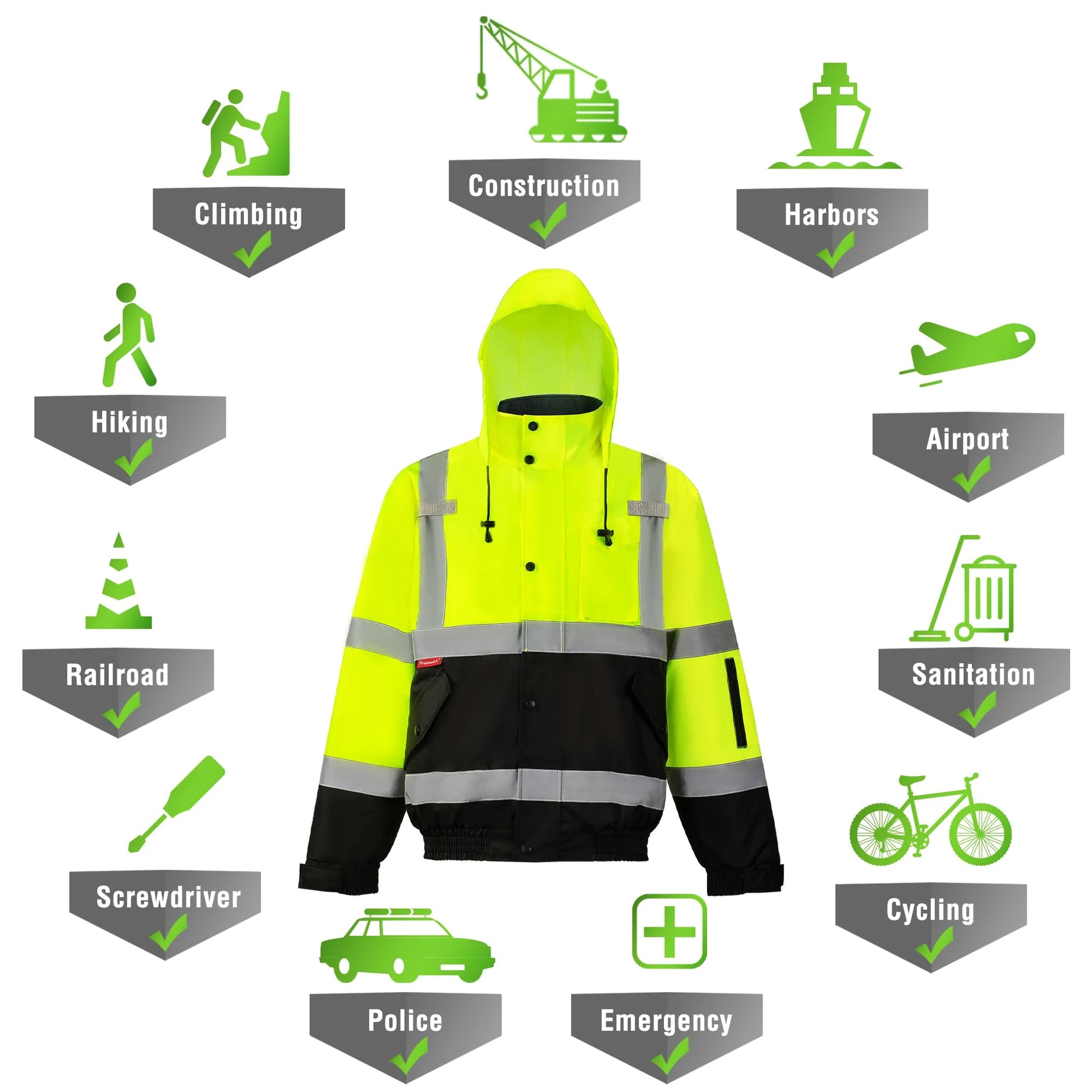 High Visibility Safety Waterproof Bomber Jacket for Women Men, Hi Vis Reflective Winter Construction Jacket, Class 3, Green, X-Large