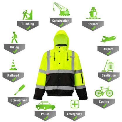 High Visibility Safety Waterproof Bomber Jacket for Women Men, Hi Vis Reflective Winter Construction Jacket, Class 3, Green, X-Large