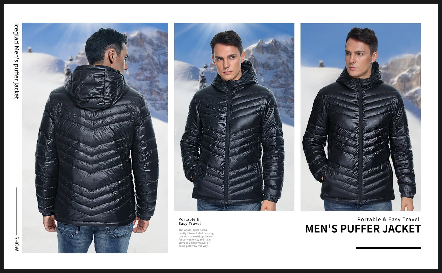Men'S Packable Insulated Warm Hooded Puffer Long Sleeve down Jacket Winter Coat, Black-L