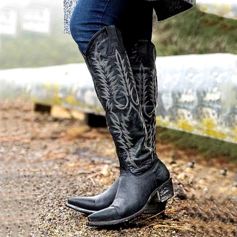 Vintage Women Knee High Boots Leather Riding Boots Medieval Western Cowgirl Boots Autumn Winter Pointed Toe Flat Boots