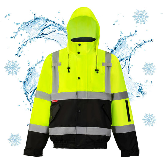 High Visibility Safety Waterproof Bomber Jacket for Women Men, Hi Vis Reflective Winter Construction Jacket, Class 3, Green, X-Large