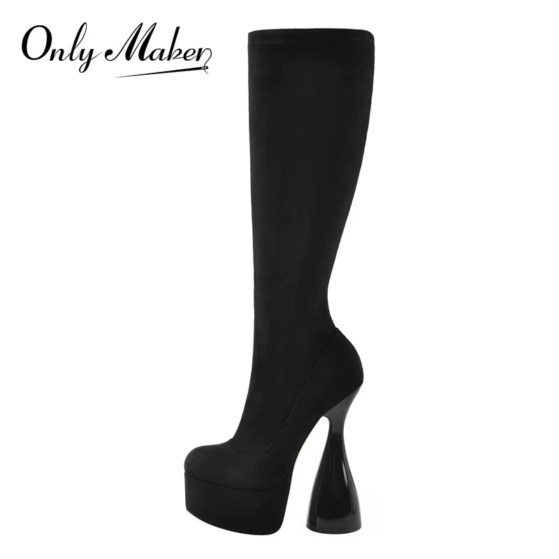 Women Platform Knee High Boots Black Flock High Elastic Spike Heels Side Zipper Lady Big Size Fashion Boots