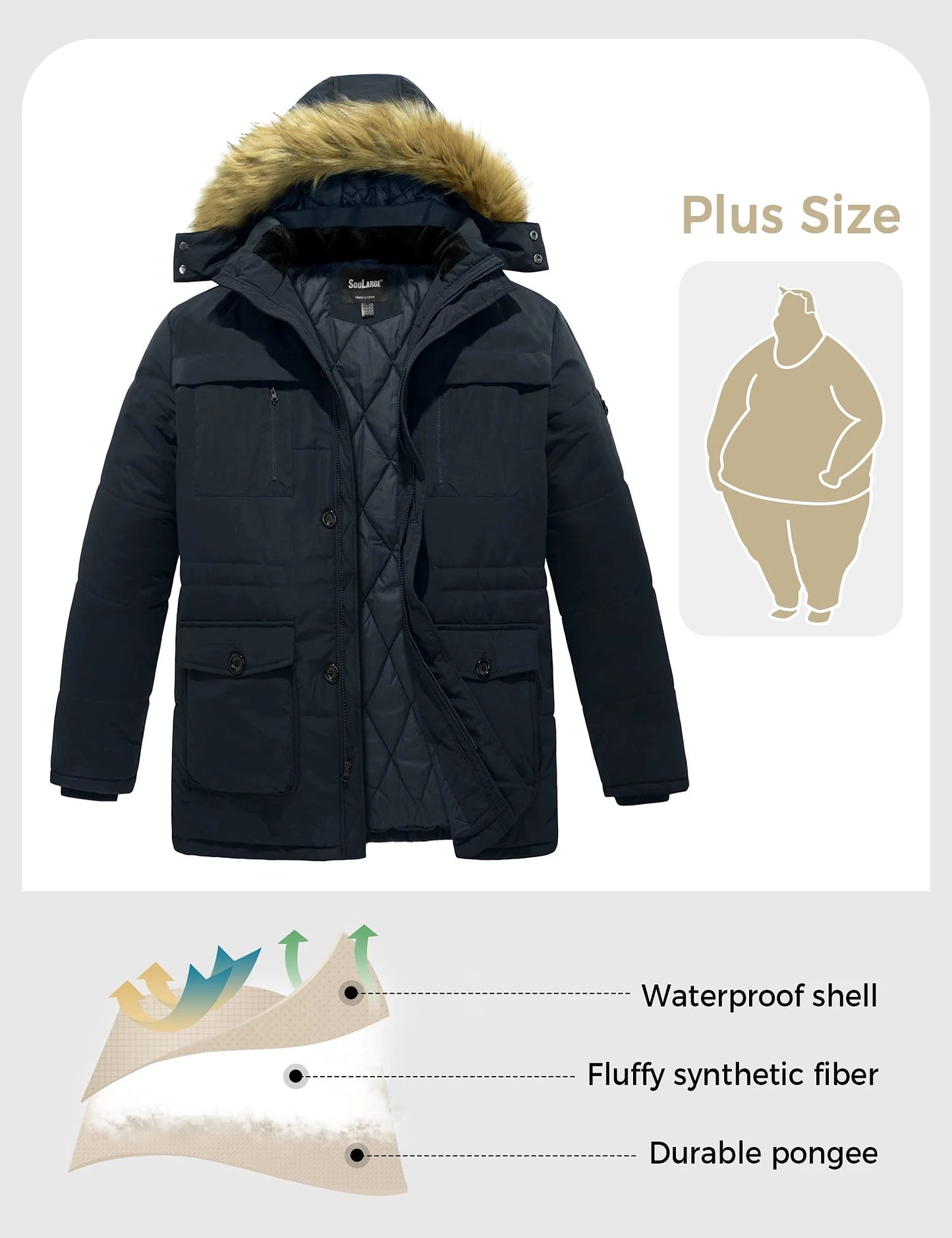 Men'S Big and Tall Winter Coat Warm Puffer Jacket Windproof Winter Jacket Navy 5X