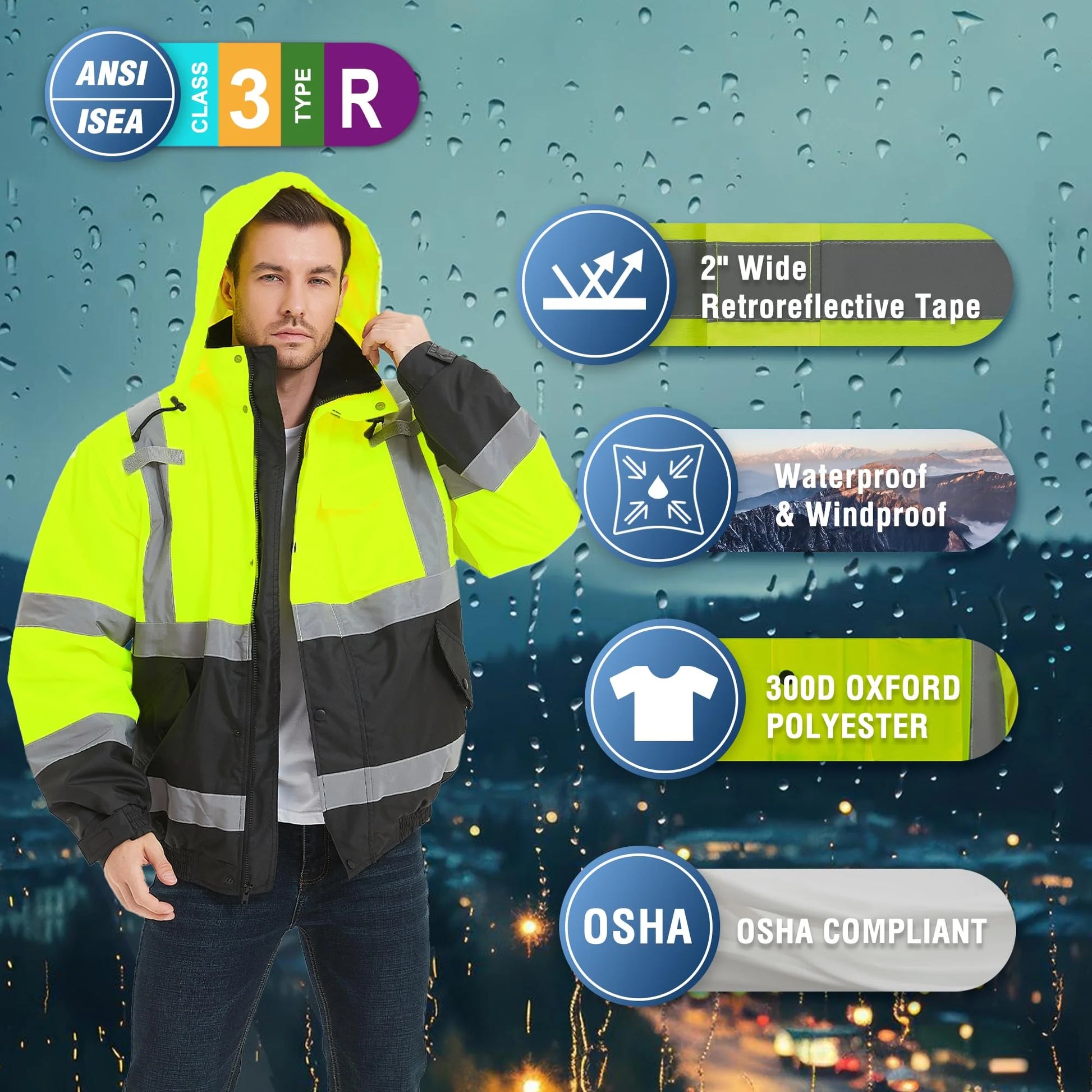 High Visibility Safety Waterproof Bomber Jacket for Women Men, Hi Vis Reflective Winter Construction Jacket, Class 3, Green, X-Large