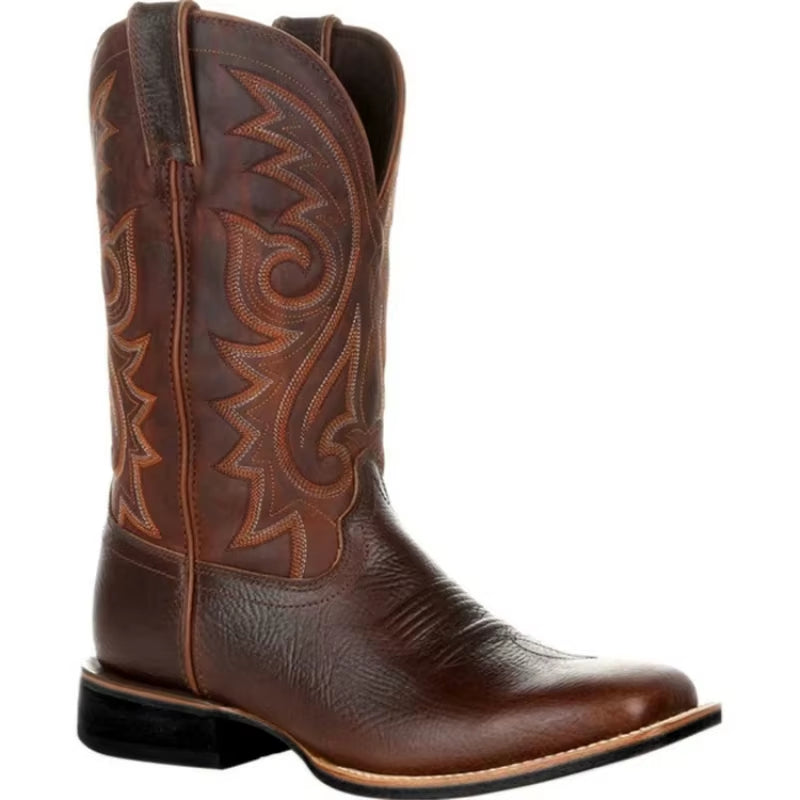 Cowboy Boots Brown Faux Leather Shoes Retro Men Boots Embroidered Western Big Size 46 47 48 Ethnic Boots Motorcycle Boots
