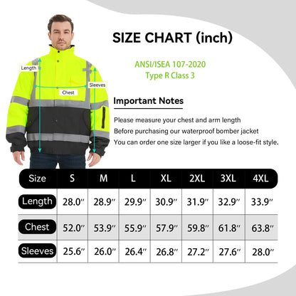 High Visibility Safety Waterproof Bomber Jacket for Women Men, Hi Vis Reflective Winter Construction Jacket, Class 3, Green, X-Large