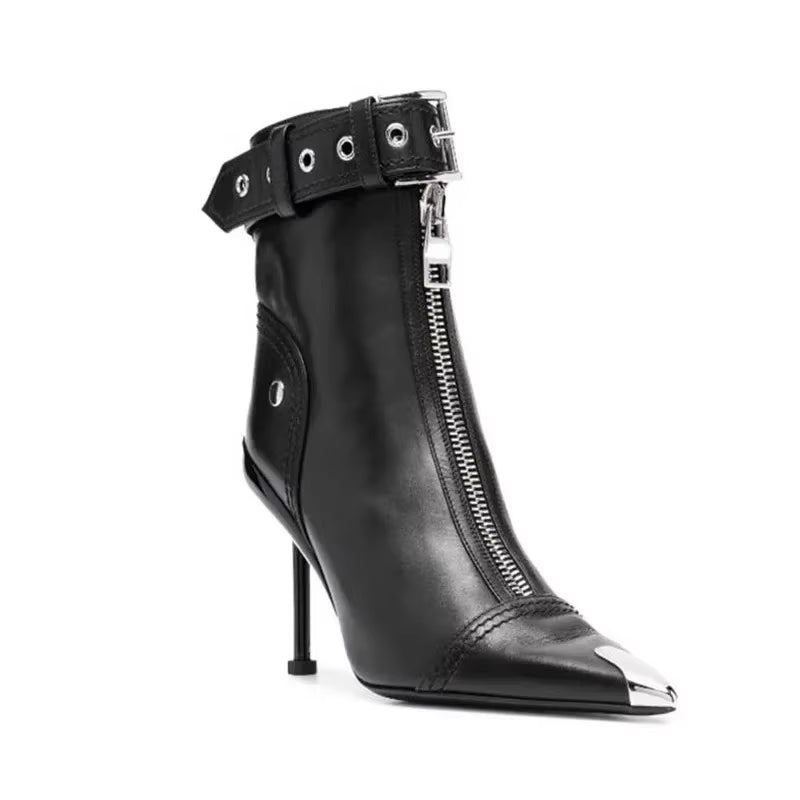 Belt Buckle Front Zipper Fashion Show Short Boots Women'S Autumn Winter New Pointed Metal Decoration Red High Heels Ankle Boots
