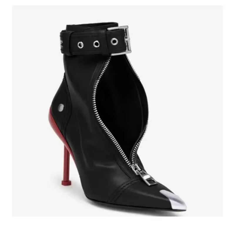 Belt Buckle Front Zipper Fashion Show Short Boots Women'S Autumn Winter New Pointed Metal Decoration Red High Heels Ankle Boots