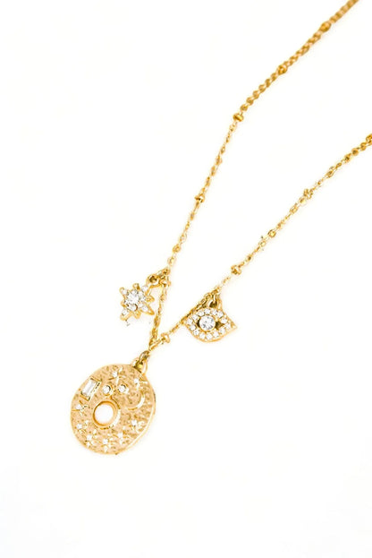 Stunning Gold Moon Star Evil Eye Rhinestone Pendant Necklace