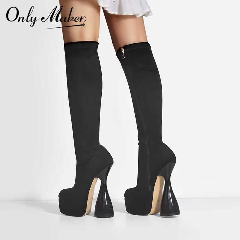 Women Platform Knee High Boots Black Flock High Elastic Spike Heels Side Zipper Lady Big Size Fashion Boots