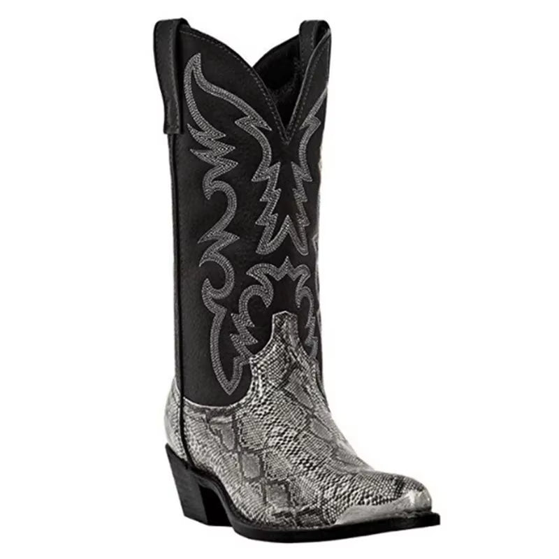 Cowboy Boots Brown Faux Leather Shoes Retro Men Boots Embroidered Western Big Size 46 47 48 Ethnic Boots Motorcycle Boots