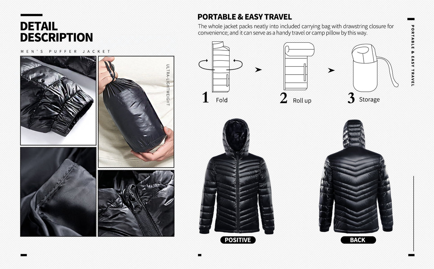 Men'S Packable Insulated Warm Hooded Puffer Long Sleeve down Jacket Winter Coat, Black-L