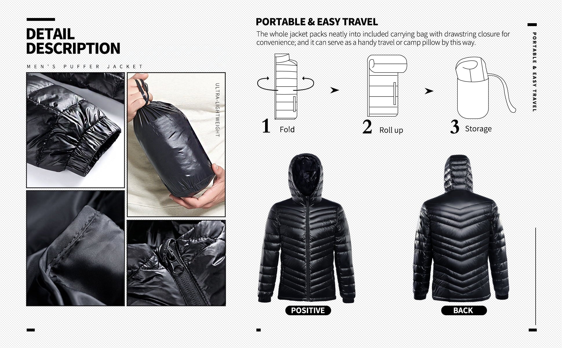 Men'S Packable Insulated Warm Hooded Puffer Long Sleeve down Jacket Winter Coat, Black-L
