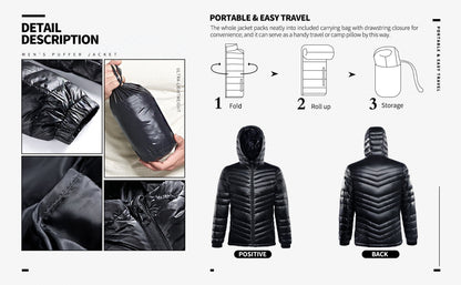 Men'S Packable Insulated Warm Hooded Puffer Long Sleeve down Jacket Winter Coat, Black-L