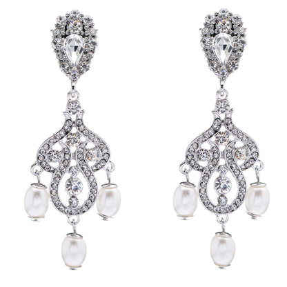 Elegant Vintage Bridal Dangle Earrings with Crystal Rhinestones and Pearls in White