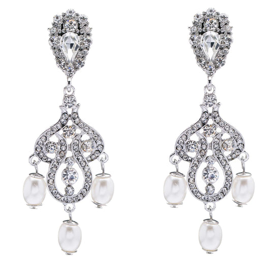 Elegant Vintage Bridal Dangle Earrings with Crystal Rhinestones and Pearls in White