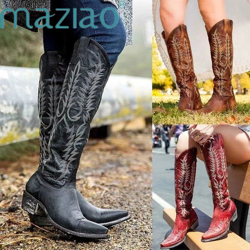 Vintage Women Knee High Boots Leather Riding Boots Medieval Western Cowgirl Boots Autumn Winter Pointed Toe Flat Boots