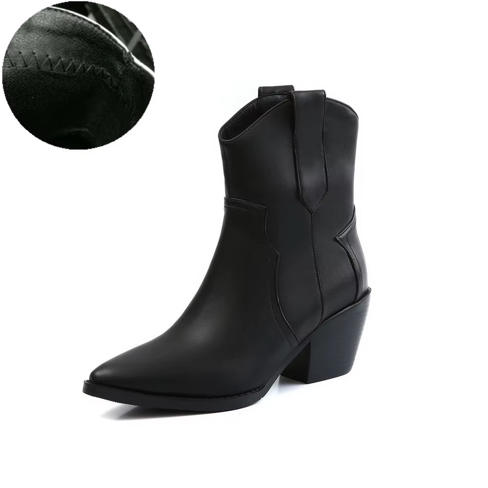2025 Pointed Toe Western Cowgirl Chelsea Ankle Boots Shoes Women Cossacks Cowboy Boats Wedges Femal Botas Mujer 33-45Black White