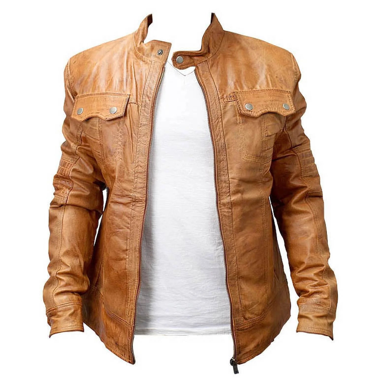 9637-XL New Mens Genuine Sheep Skin Leather Fashion Jacket 2 Buttoned Chest Pocket - Brown, Extra Large