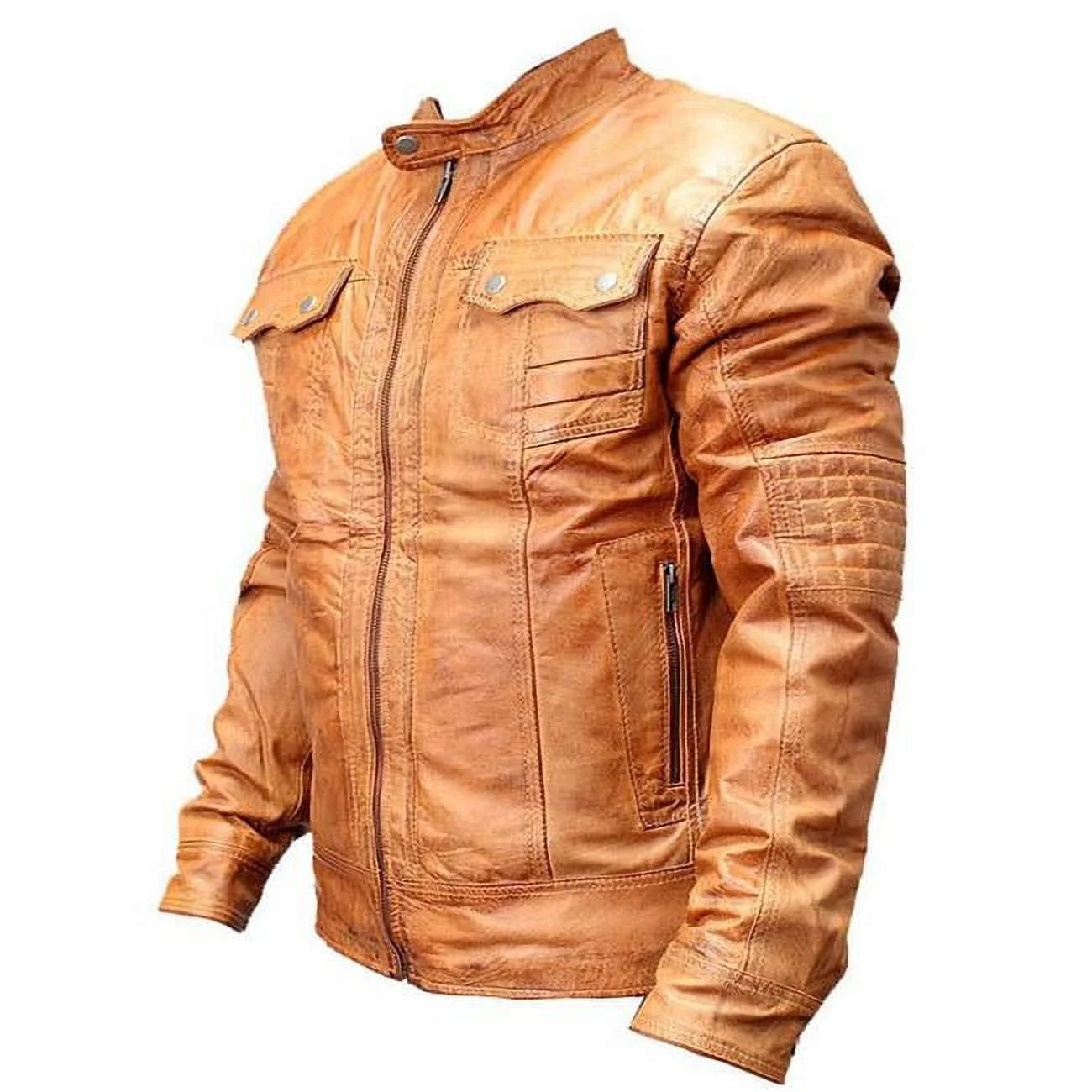 9637-XL New Mens Genuine Sheep Skin Leather Fashion Jacket 2 Buttoned Chest Pocket - Brown, Extra Large