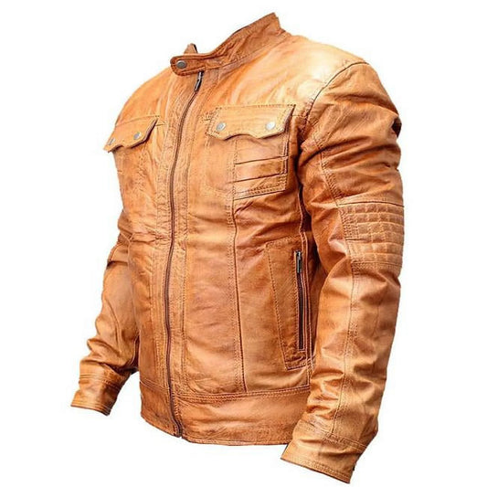 9637-XL New Mens Genuine Sheep Skin Leather Fashion Jacket 2 Buttoned Chest Pocket - Brown, Extra Large
