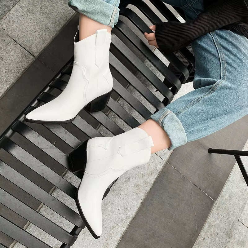 2025 Pointed Toe Western Cowgirl Chelsea Ankle Boots Shoes Women Cossacks Cowboy Boats Wedges Femal Botas Mujer 33-45Black White