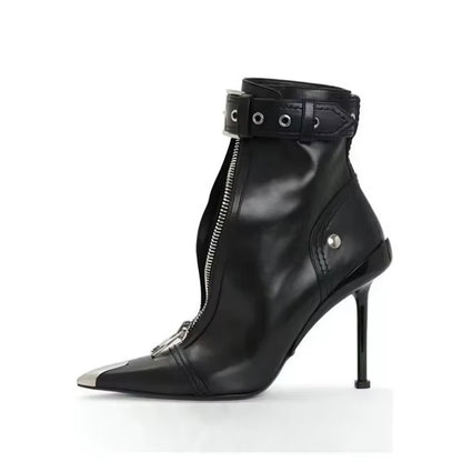 Belt Buckle Front Zipper Fashion Show Short Boots Women'S Autumn Winter New Pointed Metal Decoration Red High Heels Ankle Boots