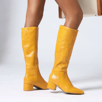 Western Cowboy Boots for Women Winter Snake Leather Long Knee High Boot Pointed Low Heels Footwear Shoes Female Large Size 45