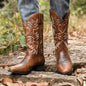 Cowboy Boots Brown Faux Leather Shoes Retro Men Boots Embroidered Western Big Size 46 47 48 Ethnic Boots Motorcycle Boots