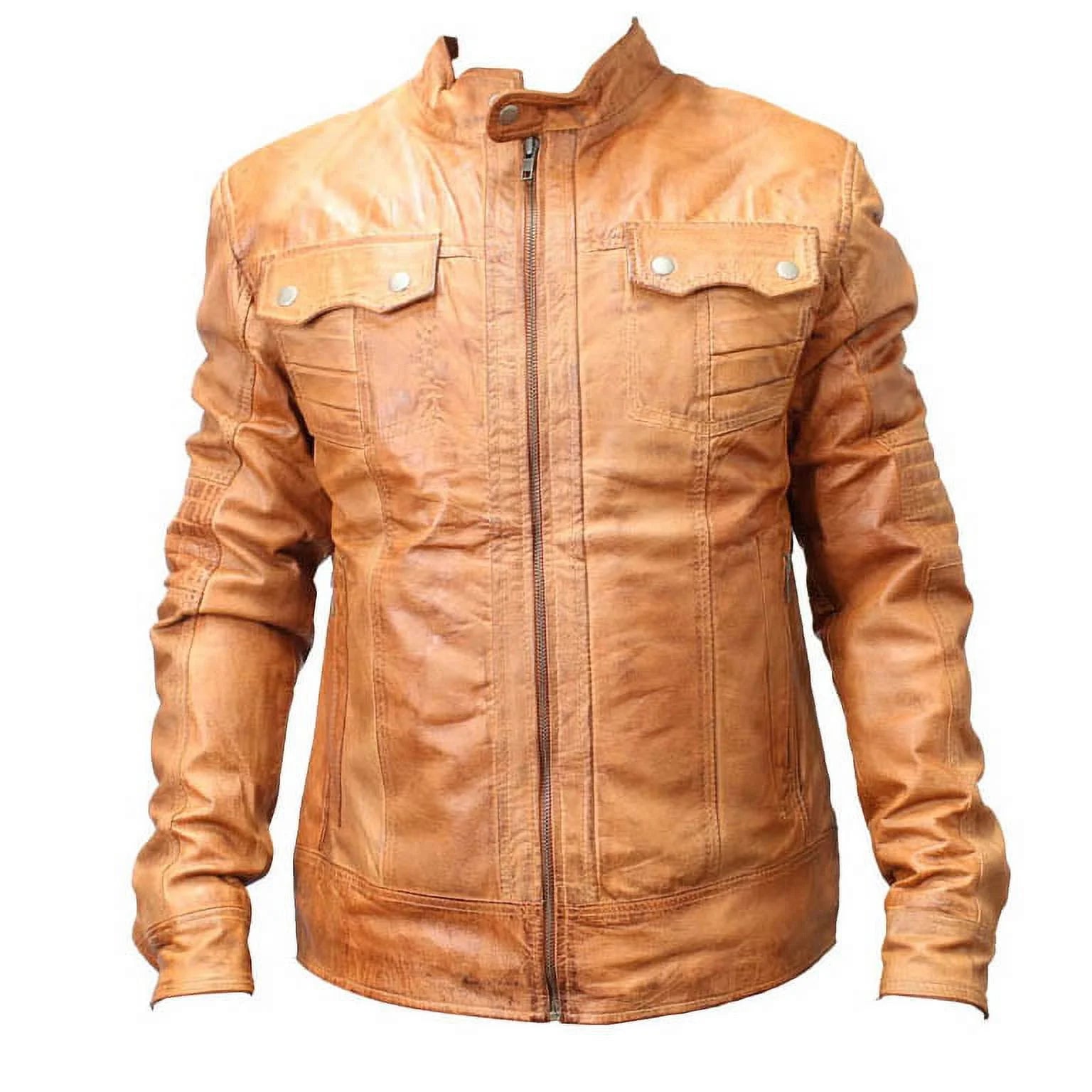 9637-XL New Mens Genuine Sheep Skin Leather Fashion Jacket 2 Buttoned Chest Pocket - Brown, Extra Large
