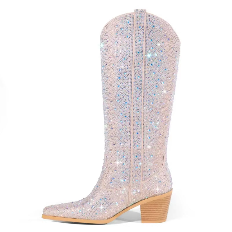 2023 Embroidered Rivet Knee Boots 44 Rhinestone Pointy Women Boots Leather Car Stitching Chelsea Boot Fashion Show Shiny Boots
