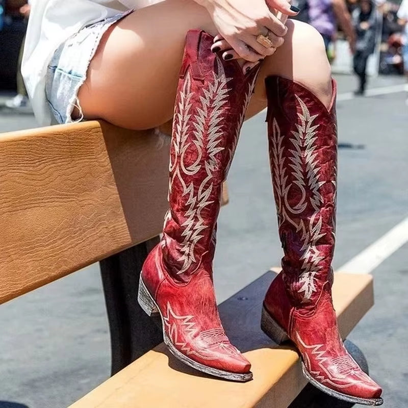 Vintage Women Knee High Boots Leather Riding Boots Medieval Western Cowgirl Boots Autumn Winter Pointed Toe Flat Boots