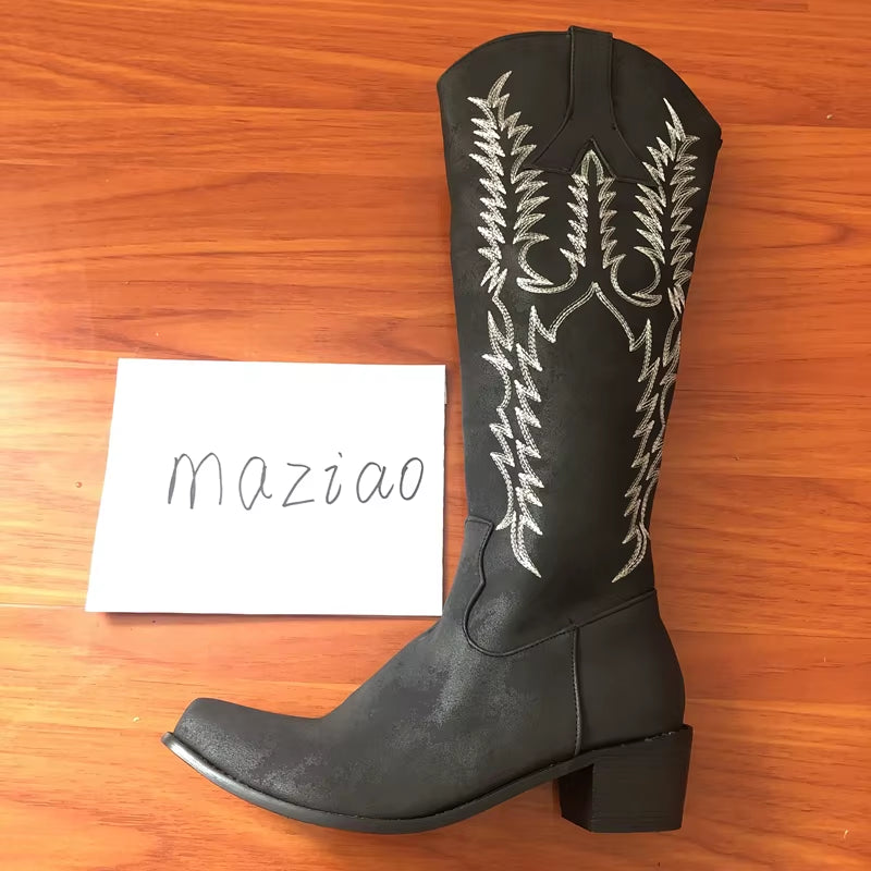 Vintage Women Knee High Boots Leather Riding Boots Medieval Western Cowgirl Boots Autumn Winter Pointed Toe Flat Boots