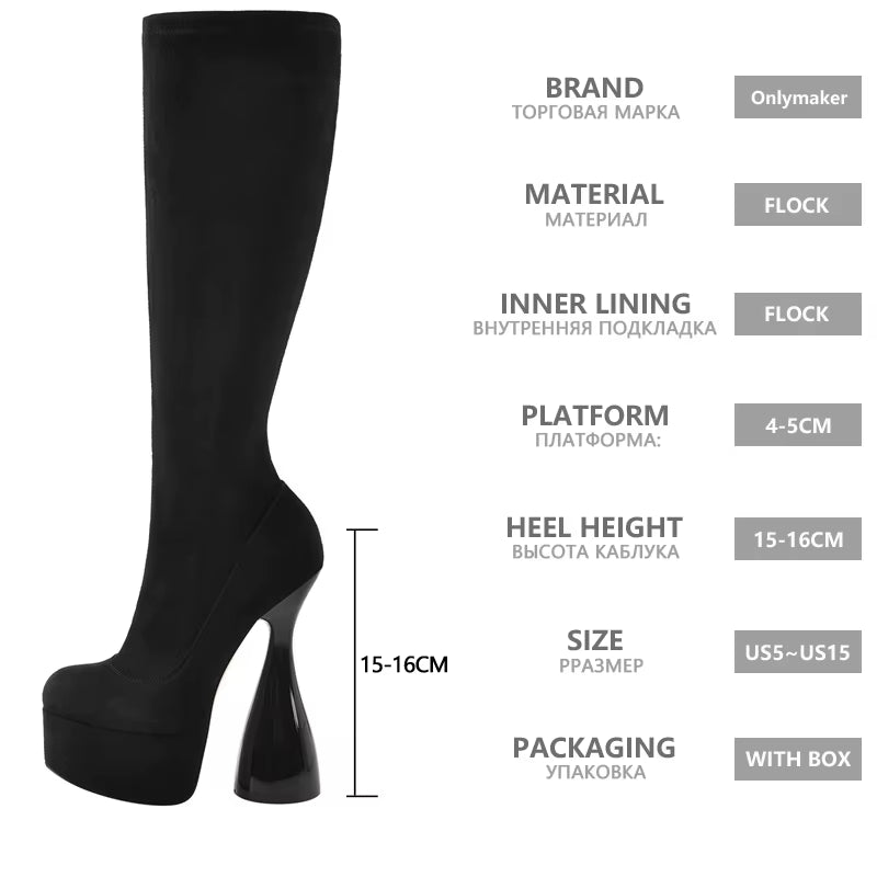Women Platform Knee High Boots Black Flock High Elastic Spike Heels Side Zipper Lady Big Size Fashion Boots