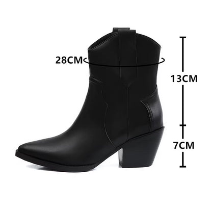 2025 Pointed Toe Western Cowgirl Chelsea Ankle Boots Shoes Women Cossacks Cowboy Boats Wedges Femal Botas Mujer 33-45Black White