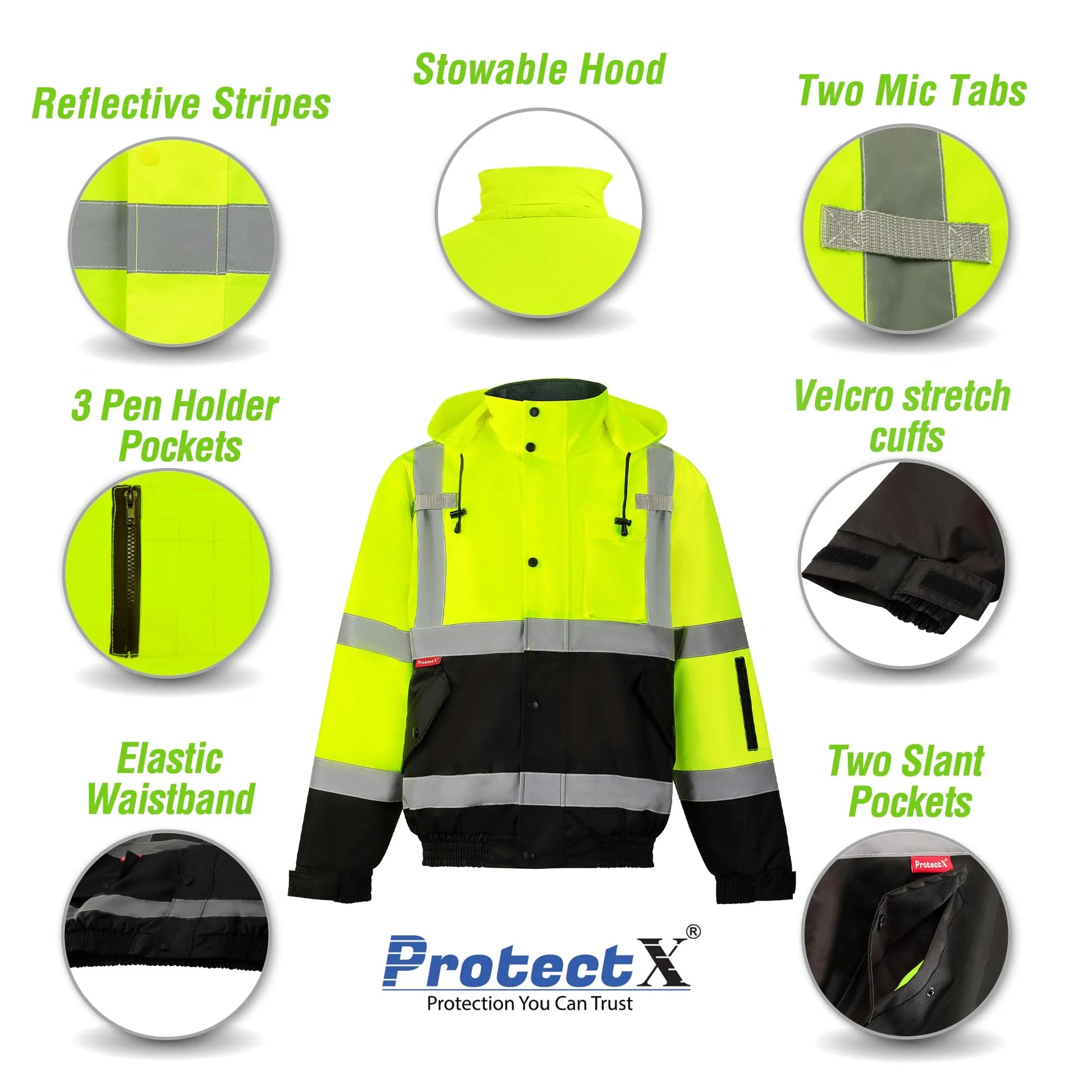 High Visibility Safety Waterproof Bomber Jacket for Women Men, Hi Vis Reflective Winter Construction Jacket, Class 3, Green, X-Large