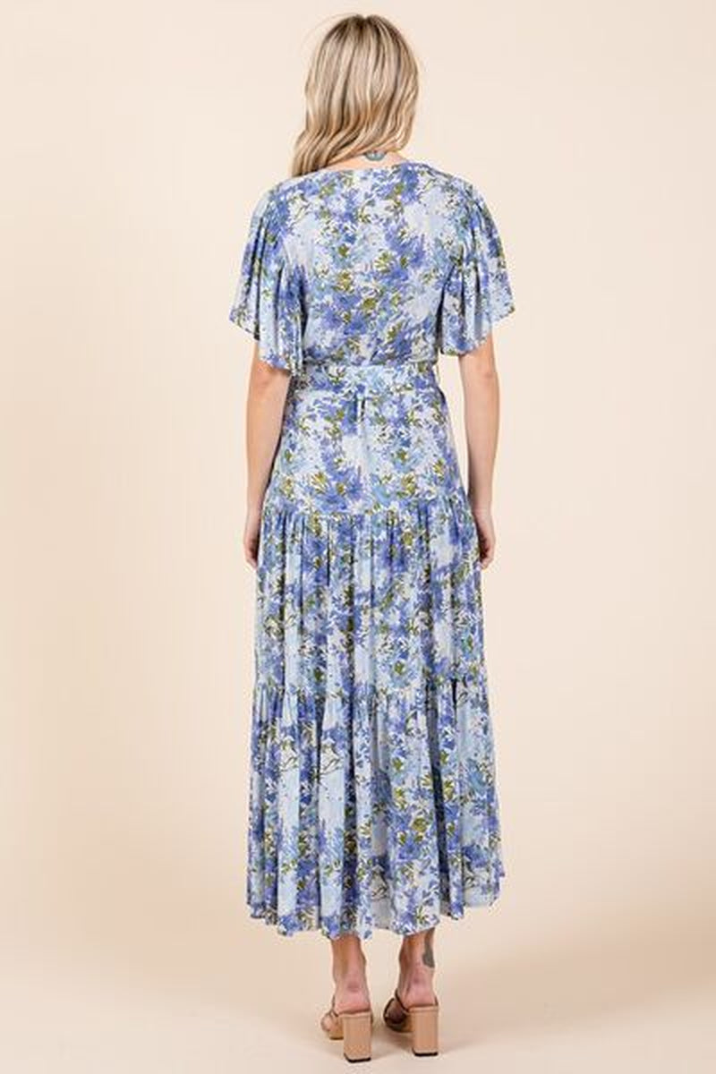 Mittoshop Floral Tie Waist Flutter Sleeve Tiered Dress