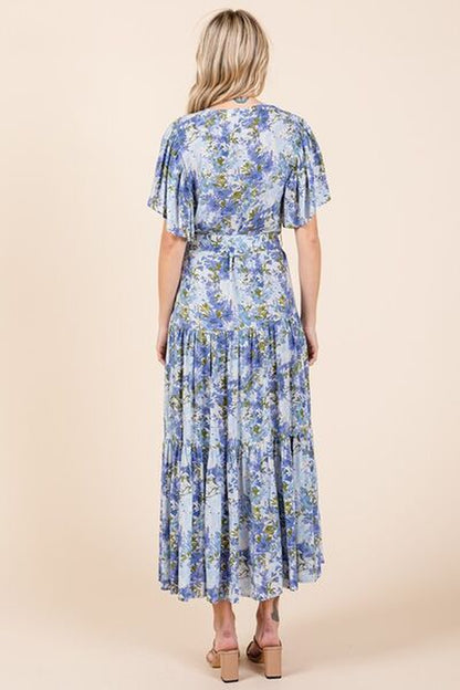 Mittoshop Floral Tie Waist Flutter Sleeve Tiered Dress
