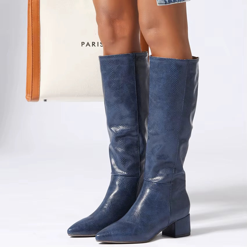Western Cowboy Boots for Women Winter Snake Leather Long Knee High Boot Pointed Low Heels Footwear Shoes Female Large Size 45