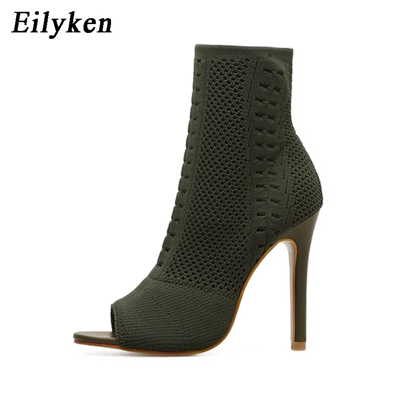New Style Peep Toe Ankle Boots Stretch Women Fabric Out Breathable Booties Sexy Dance Pole Ladies Pumps Shoes