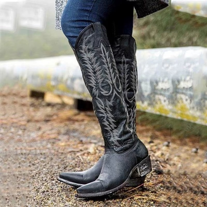 Vintage Women Knee High Boots Leather Riding Boots Medieval Western Cowgirl Boots Autumn Winter Pointed Toe Flat Boots