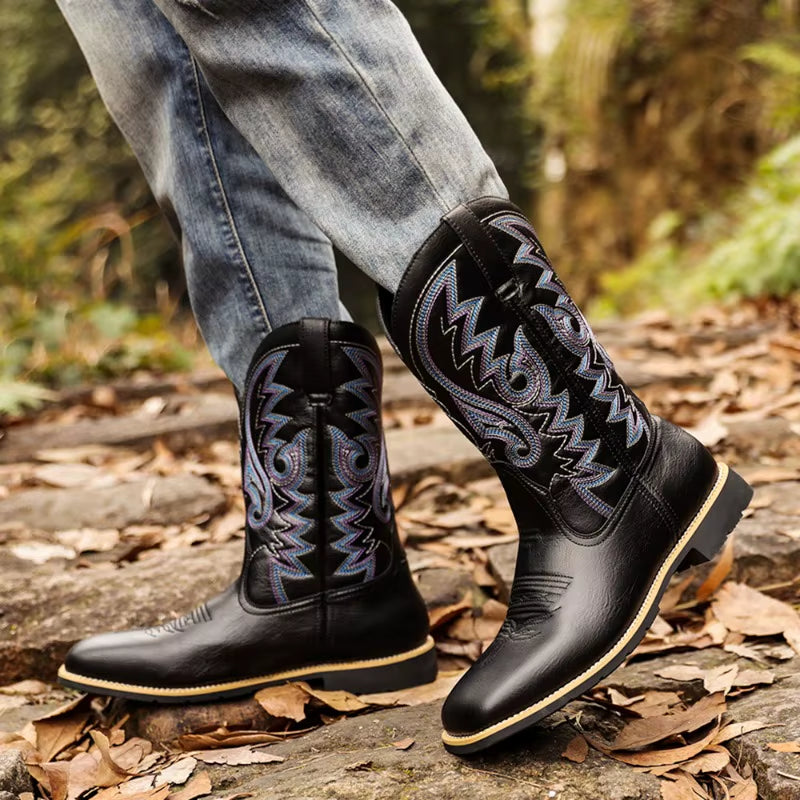 Cowboy Boots Brown Faux Leather Shoes Retro Men Boots Embroidered Western Big Size 46 47 48 Ethnic Boots Motorcycle Boots