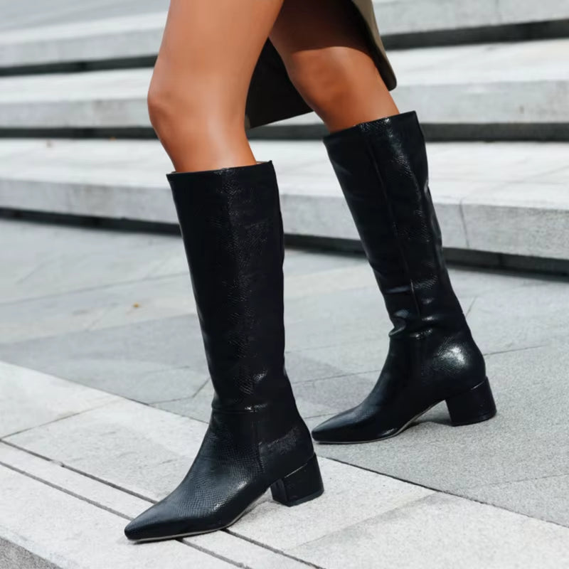 Western Cowboy Boots for Women Winter Snake Leather Long Knee High Boot Pointed Low Heels Footwear Shoes Female Large Size 45