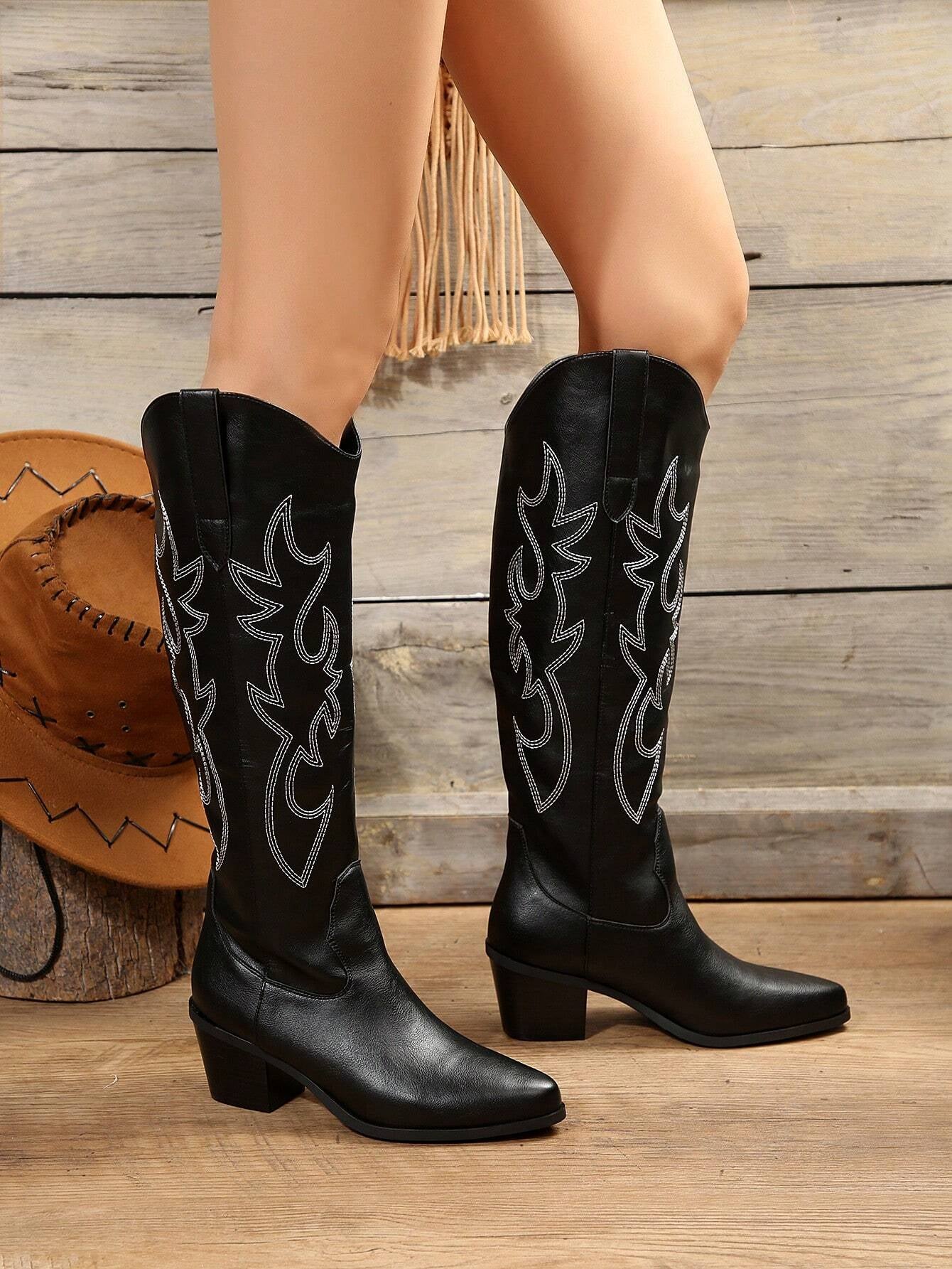 Western Style Embroidered Retro Knight Boots Outdoor Spring/Autumn Footwear, Cowboy Boots for Women