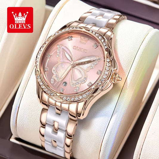 5610 Elegant Women Watch Waterproof Hollow Calendar Butterfly Design Diamond Ceramic Strap Luxury Women Watch Reloj Mujer