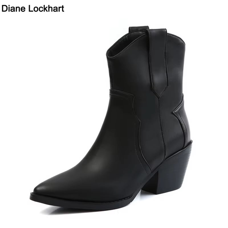 2025 Pointed Toe Western Cowgirl Chelsea Ankle Boots Shoes Women Cossacks Cowboy Boats Wedges Femal Botas Mujer 33-45Black White